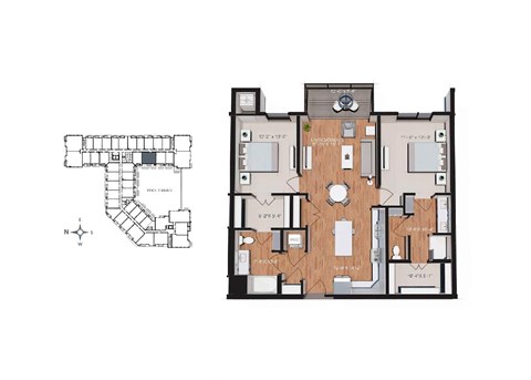 Floor plan for 2 beds, 2 baths, 1154 sqft